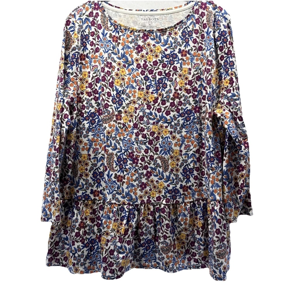 Talbots Womens Top Sz XL Colorful 100% Cotton Layered Ruffle 3/4 Sleeve Pullover